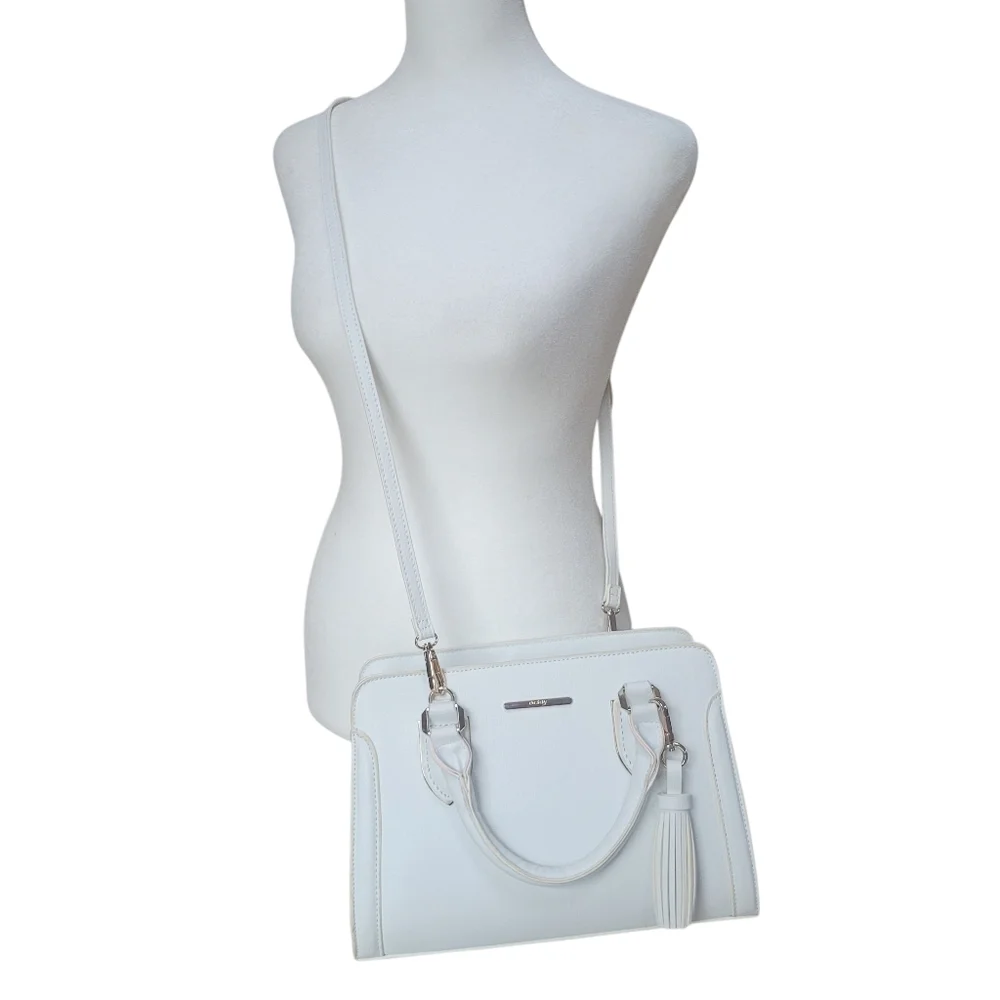 Chic White Faux Saffiano Leather Satchel with Gold Hardware & Tassle